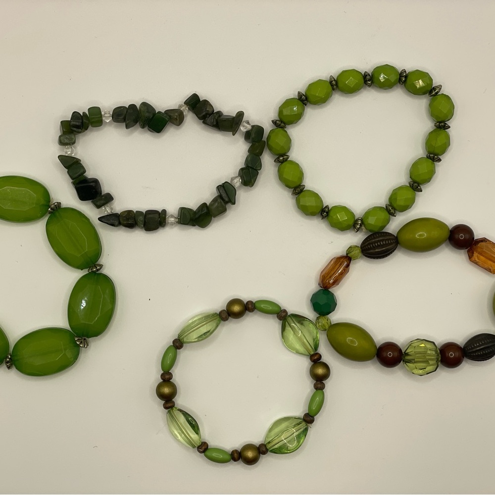 5pc NEW Green Beaded Stretch Bracelets Boho Stack Set Jade Olive Peridot Vibes đ - Picture 3 of 16